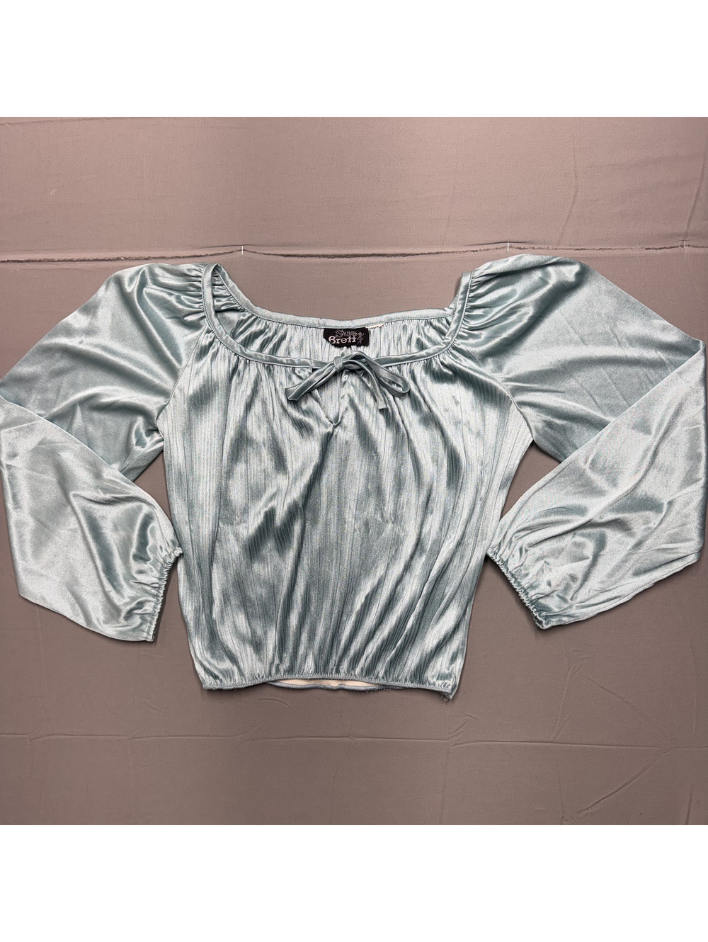 Vintage Sue Brett Women Blue Satin Blouse Long Sleeve Tie Neck Pleated Top S